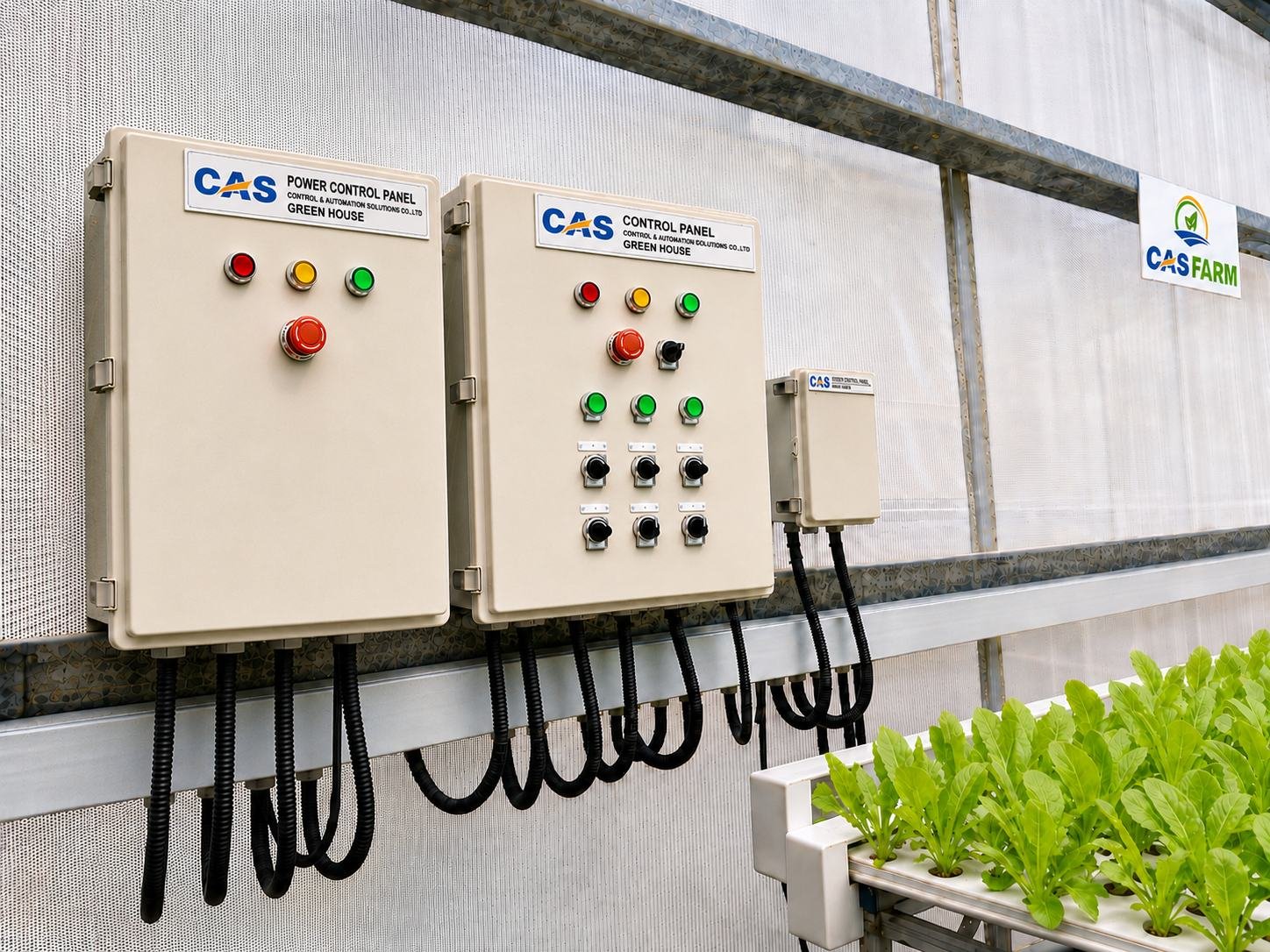 Tủ điện điều khiển nhà màng do CAS chế tạo, gồm tủ nguồn và tủ điều khiển thiết bị